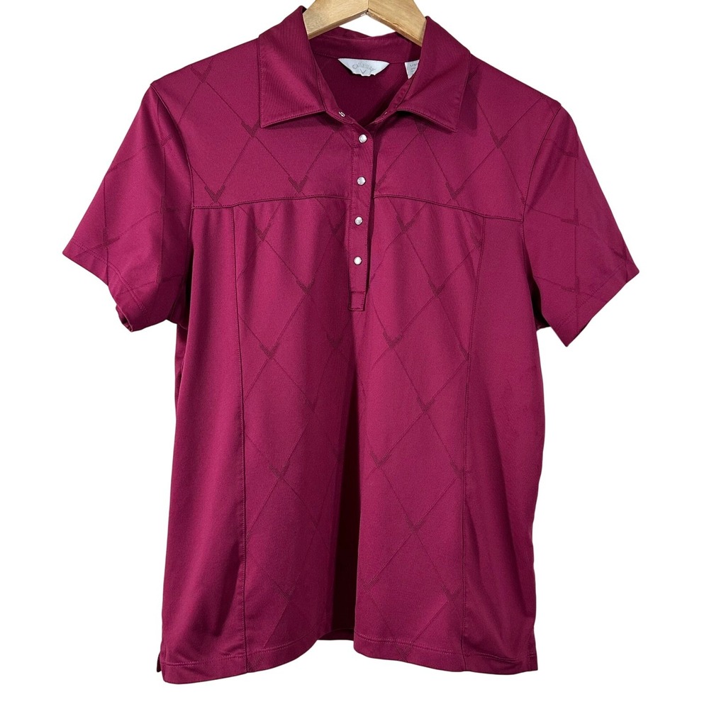 Callaway Womens Golf Polo Shirt Magenta Argyle‎ Chevron Short Sleeve Size Large